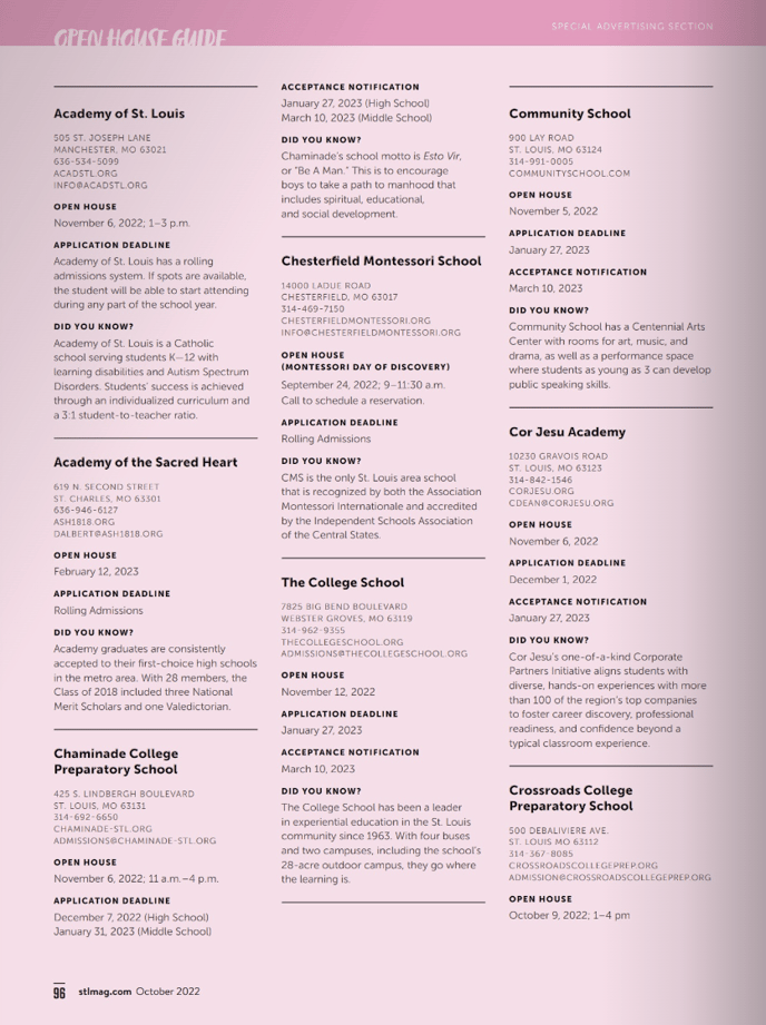 Special Section School Open House Guide Specs